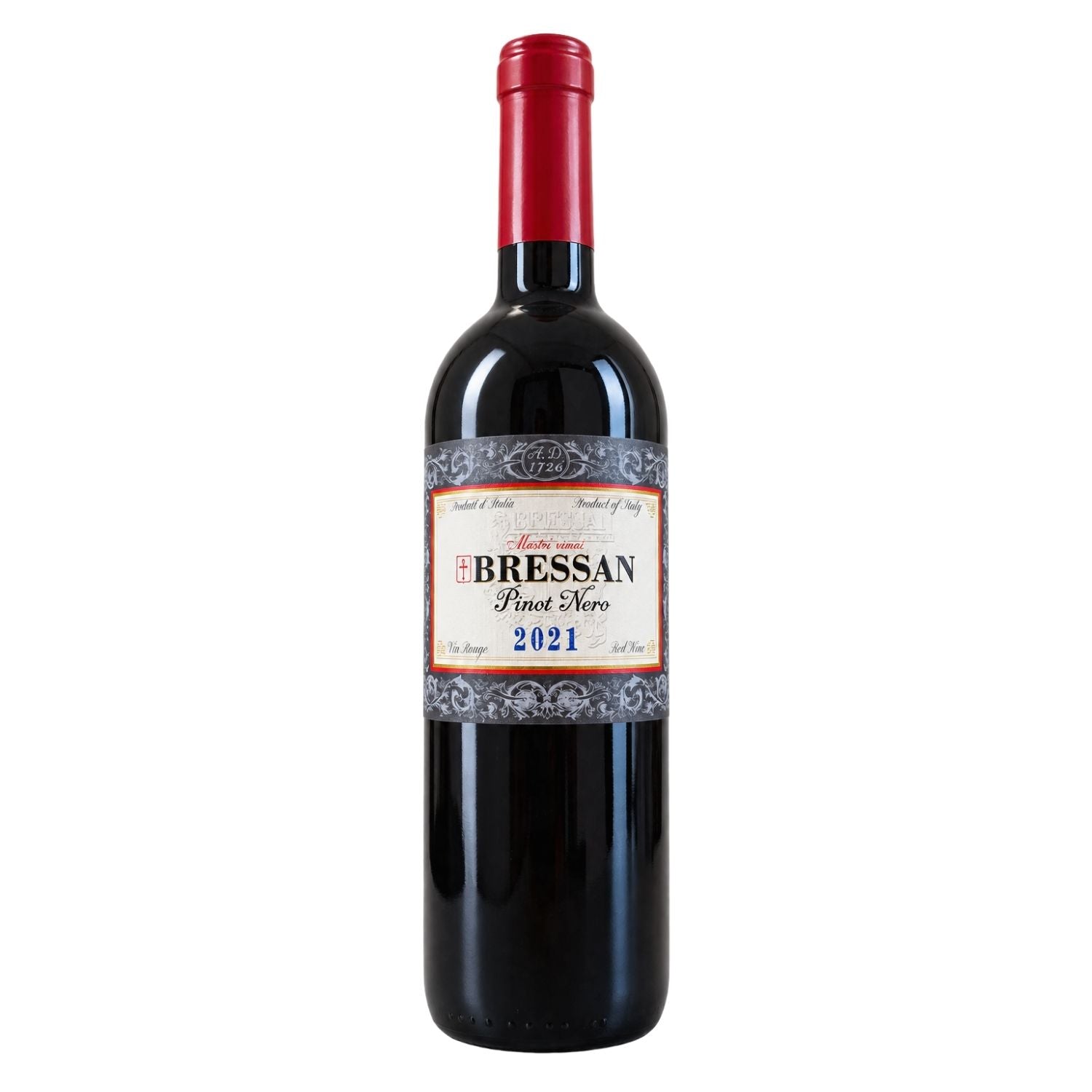 A bottle of Bressan Pinot Noir red wine, featuring a dark glass bottle with a red foil capsule and a cream-colored label with black and red text, set against a plain white background.