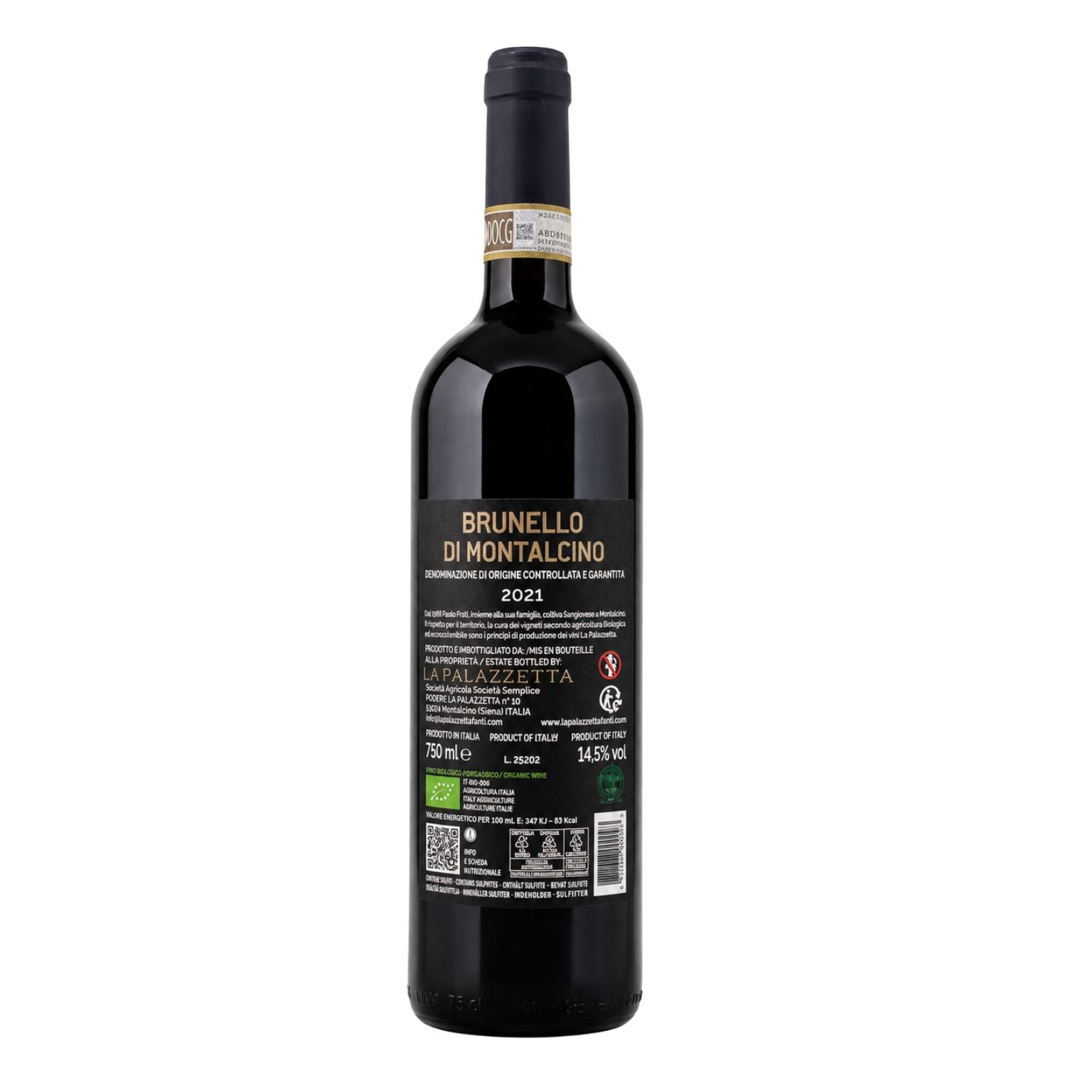 Fiorvino - Back label photo of Brunello di Montalcino DOCG 2021 by La Palazzetta, showing the original back label with winery information, organic certification, alcohol content, nutritional information, bottle volume and recycling details, photographed in a professional studio.