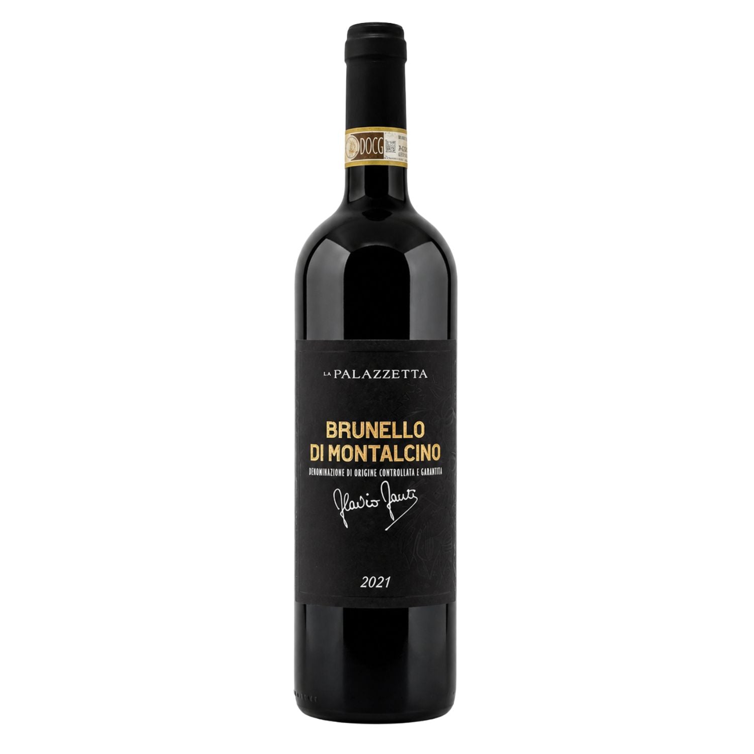 Fiorvino - Front bottle photo of Brunello di Montalcino DOCG 2021 by La Palazzetta, an organic Sangiovese red wine from Montalcino, Tuscany, photographed in a professional studio no background with the original label and bottle design.