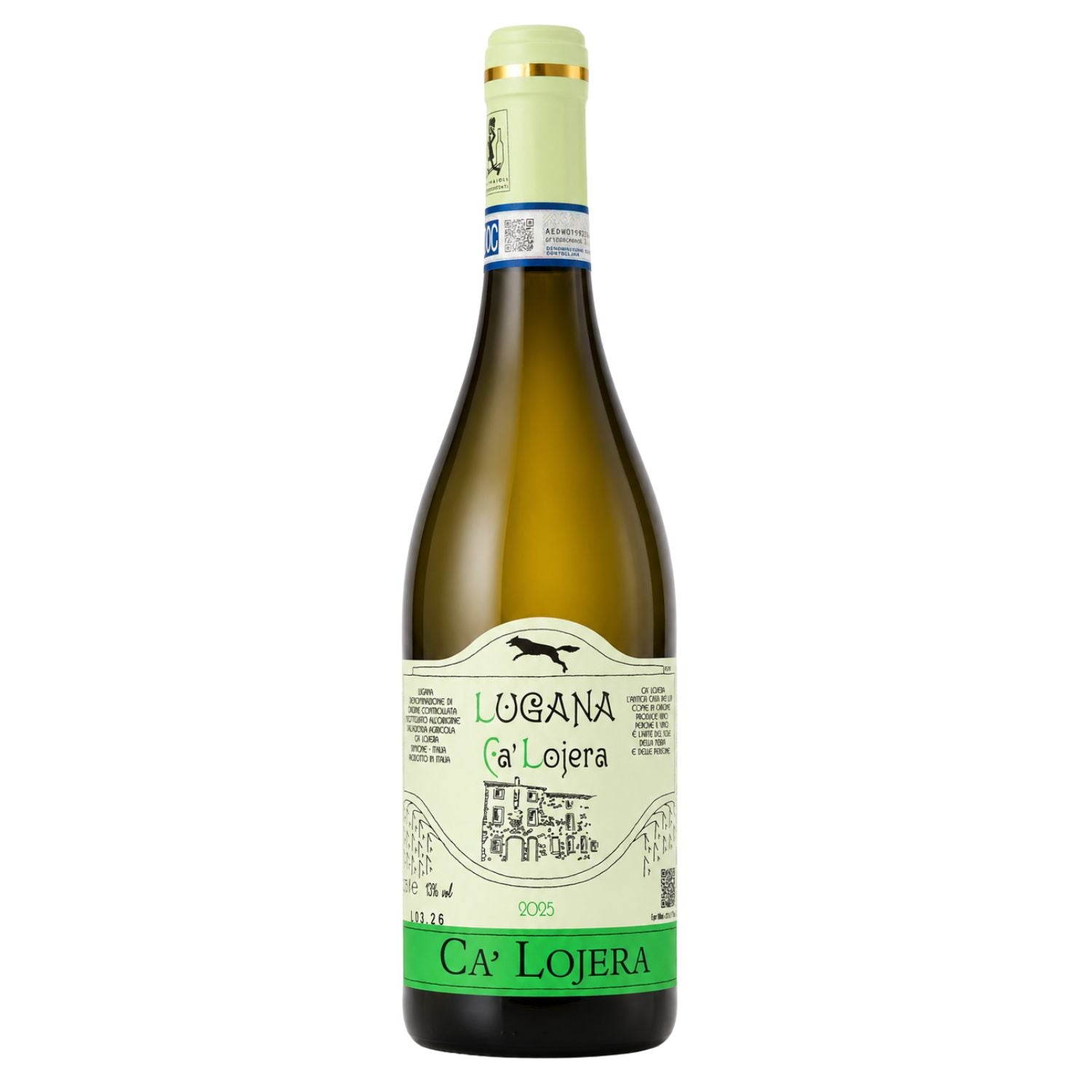 Ca’ Lojera Lugana DOC 2025 white wine bottle from Lake Garda, Italy, made from Turbiana grapes, available at Fiorvino.