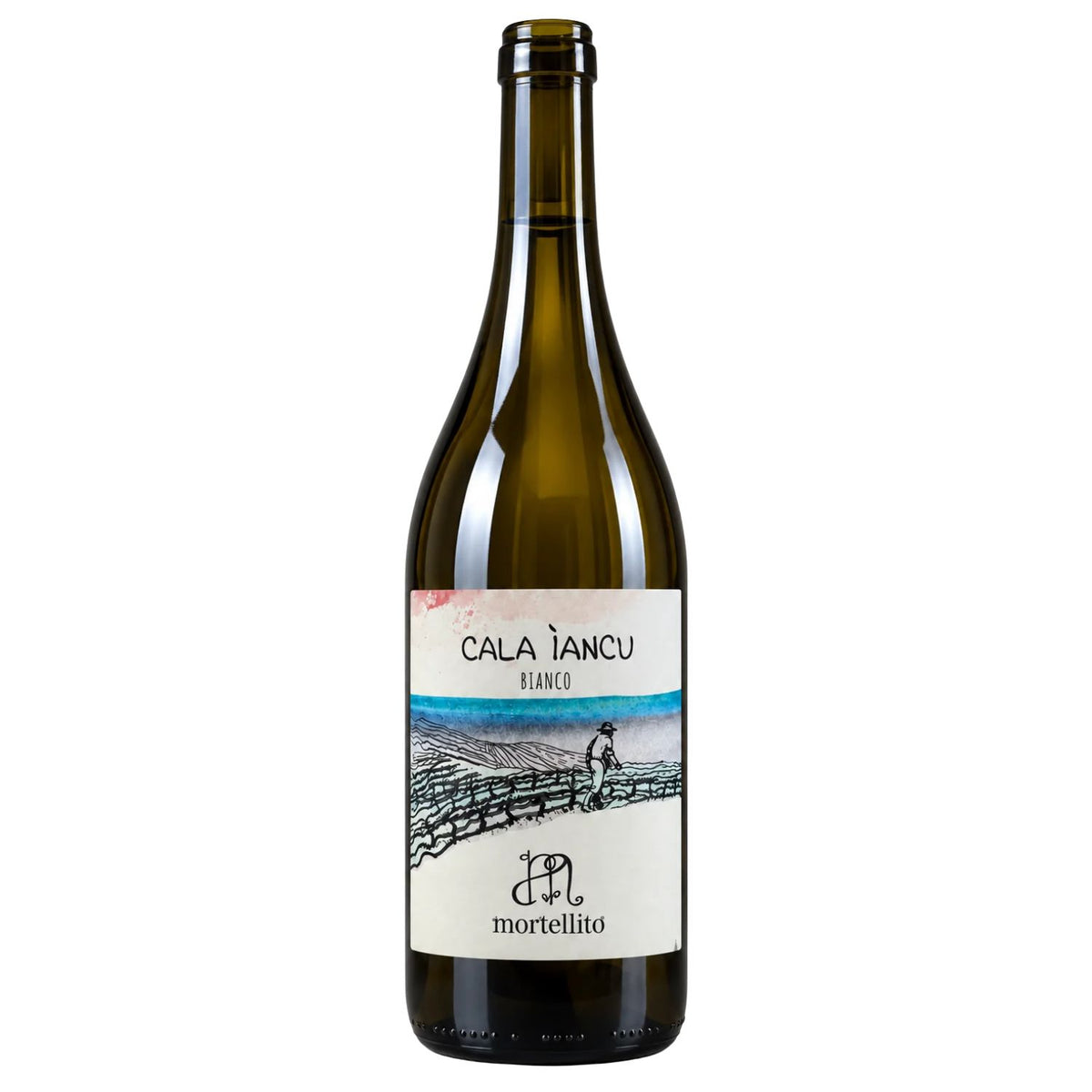 A bottle of Cala Iancu Bianco white wine by mortellino, featuring an olive green glass bottle with a cream-colored label depicting a coastal scene.