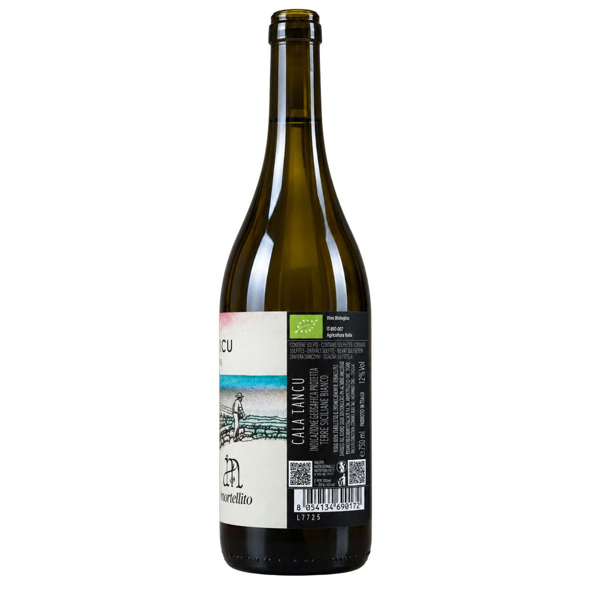A bottle of organic white wine from Cala Blanco, showing the side label against a plain white background.
