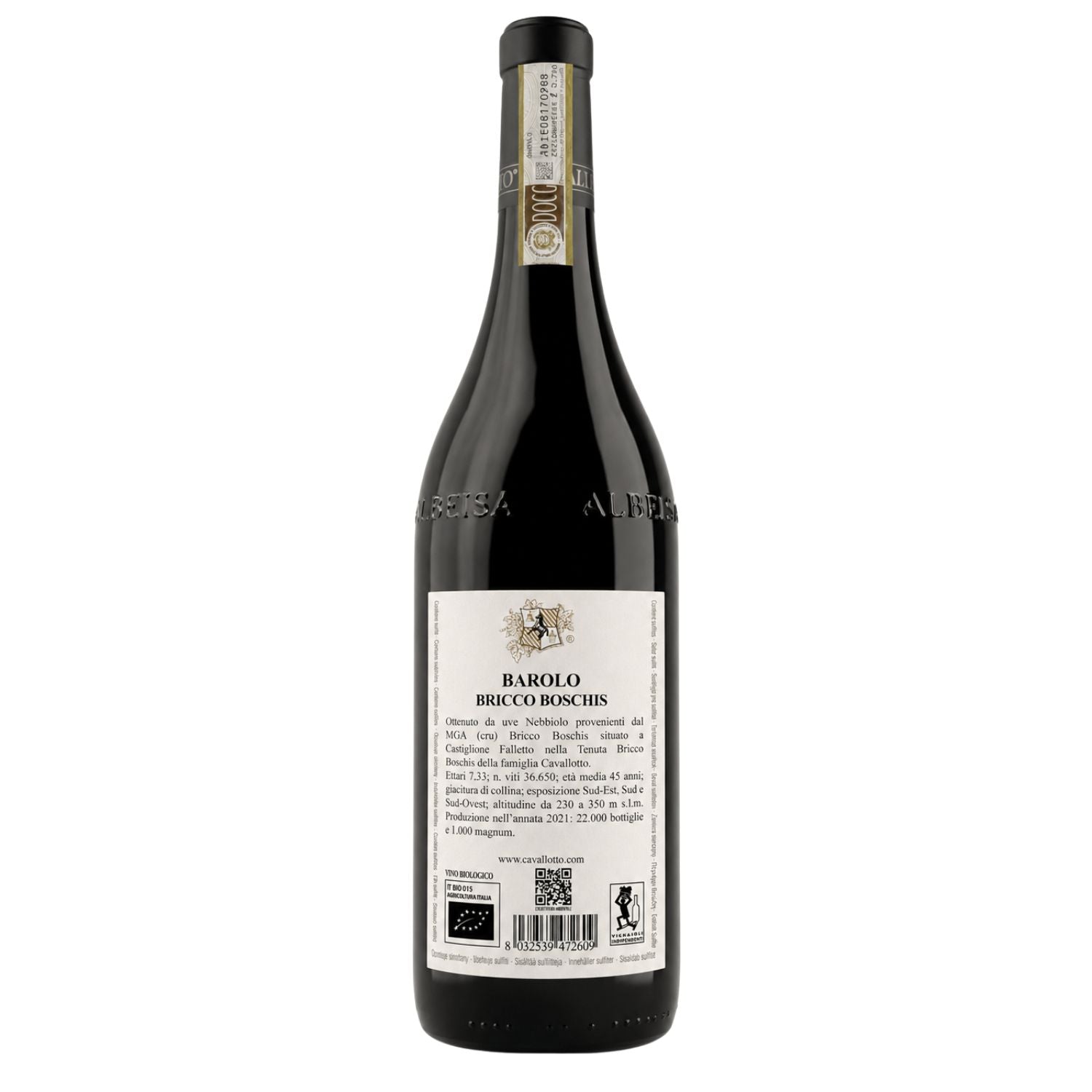 Cavallotto Barolo Bricco Boschis DOCG 2021 back label showing producer information, Bricco Boschis vineyard details, organic certification and bottle information, available at Fiorvino.