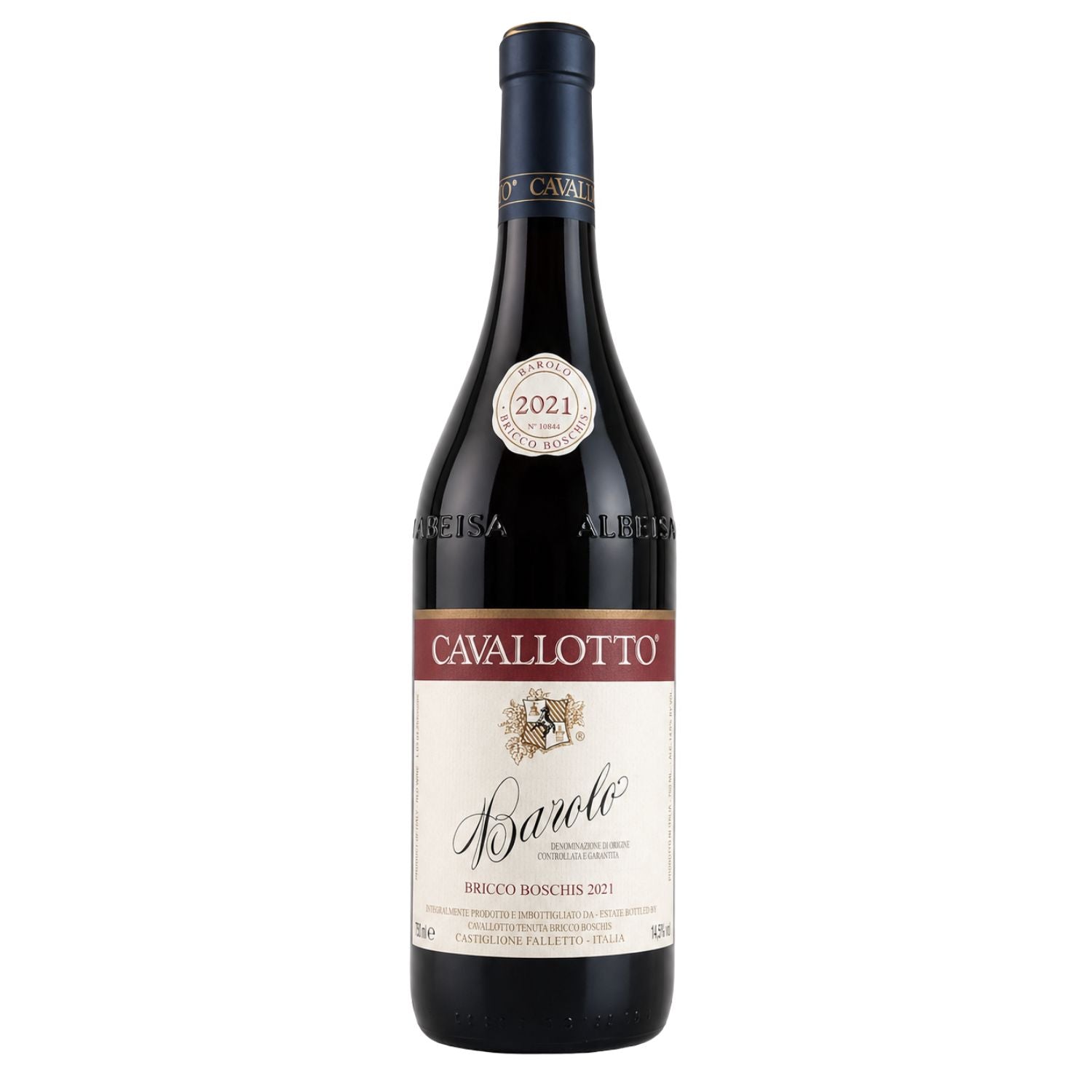 Cavallotto Barolo Bricco Boschis DOCG 2021 red wine bottle with original front label, classic Nebbiolo from Castiglione Falletto in Piedmont, available at Fiorvino.