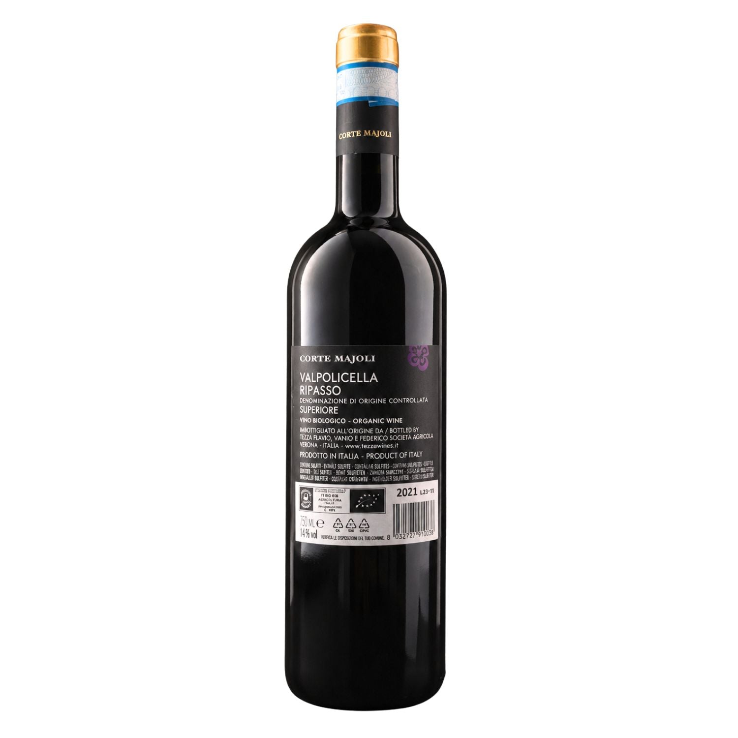 Back label of Corte Majoli Valpolicella Ripasso Superiore 2021 organic wine by Tezza.