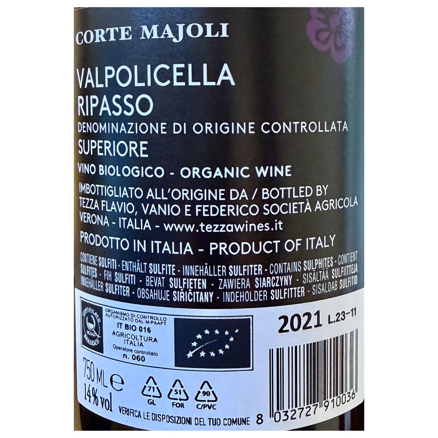 Close-up of a Corte Majoli Valpolicella Ripasso wine bottle label, showing white text on a dark background with product details, a barcode, and an organic certification logo.