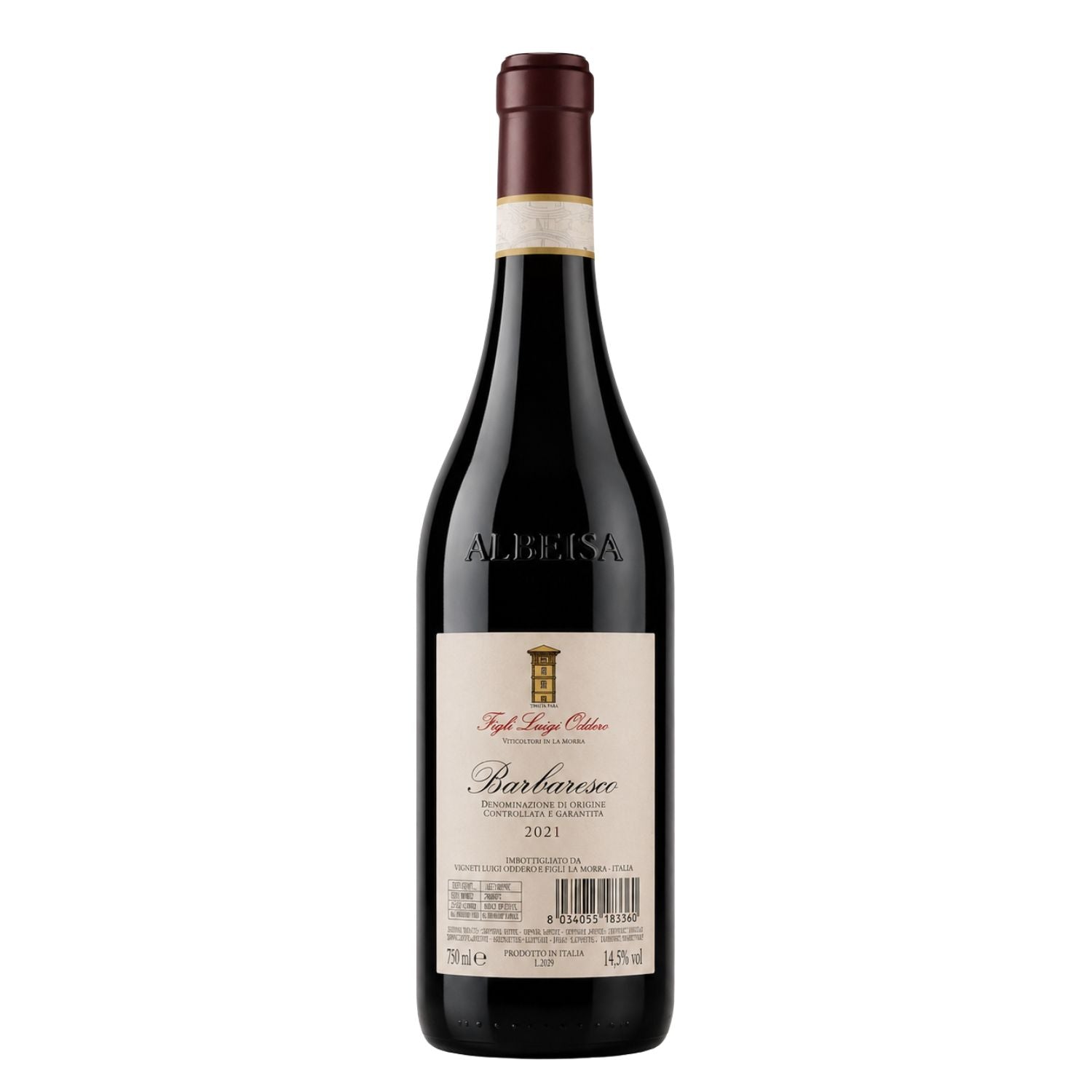 Back view of Figli Luigi Oddero Barbaresco DOCG 2021 wine bottle photographed in a professional studio environment, displaying the producer information, barcode, alcohol content, and embossed Albeisa bottle details.
