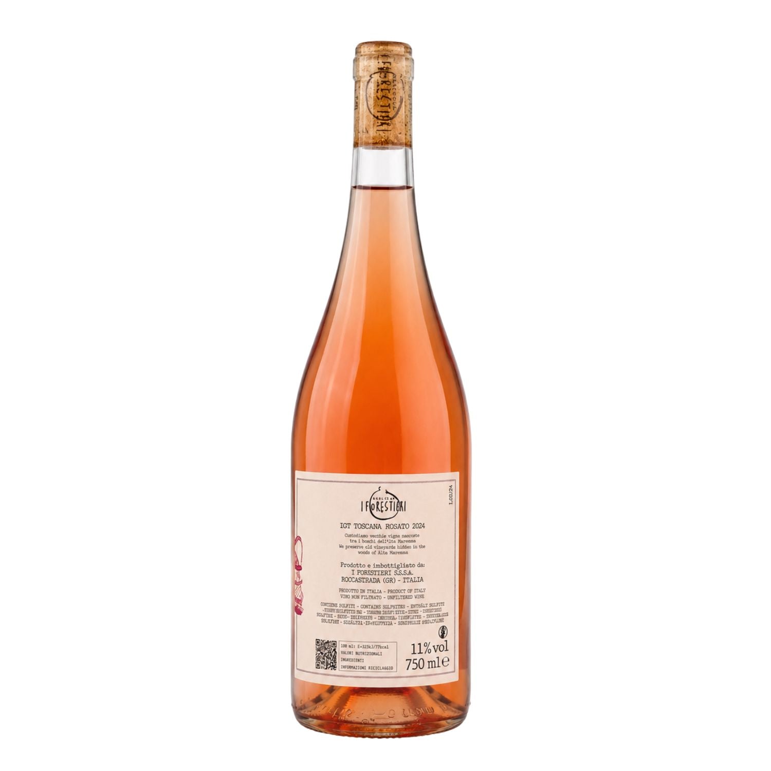 Back label photo of Girotondo Rosato 2024 Toscana IGT natural rosé wine from Tuscany, Italy, showing winery information, alcohol content, bottle volume, ingredients, nutritional information and recycling details on a studio background.