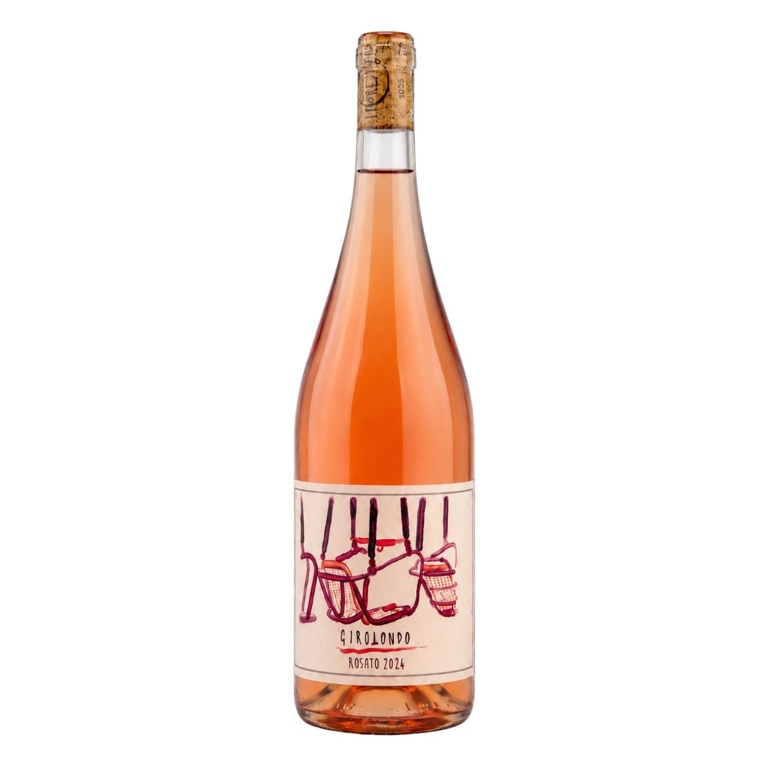 Front bottle photo of Girotondo Rosato 2024 Toscana IGT, a natural rosé wine from Alta Maremma, Tuscany, produced by I Forestieri, featuring the original illustrated label with swing seats and a pale salmon-pink wine color on a studio background.