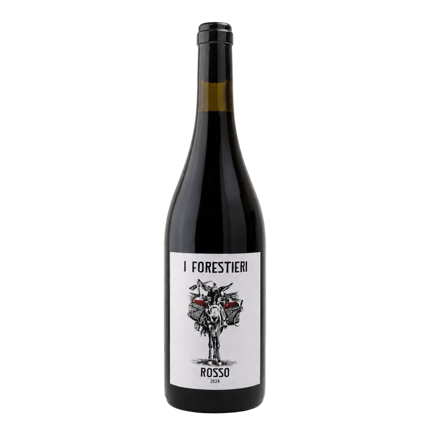 Bottle of I Forestieri Rosso 2024 Toscana IGT natural red wine from Alta Maremma, Tuscany, photographed in a professional studio with a clean white background and original winery label visible.