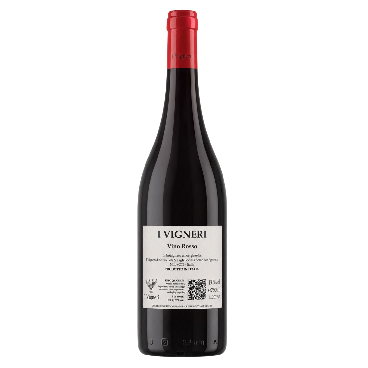 I Vigneri Vino Rosso 2025 back label showing producer information, QR code, alcohol content, bottle volume and product details, available at Fiorvino.
