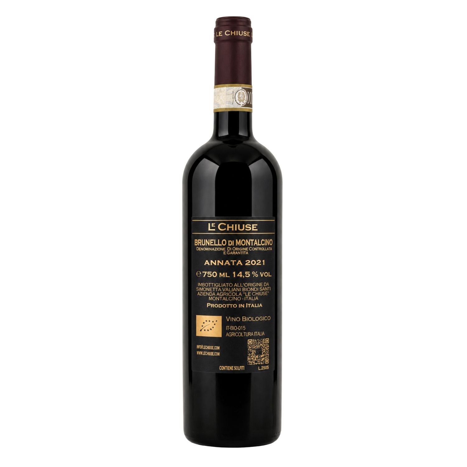 Le Chiuse Brunello di Montalcino DOCG 2021 back label on a 750 ml bottle, organic Tuscan red wine from Montalcino, photographed by Fiorvino.