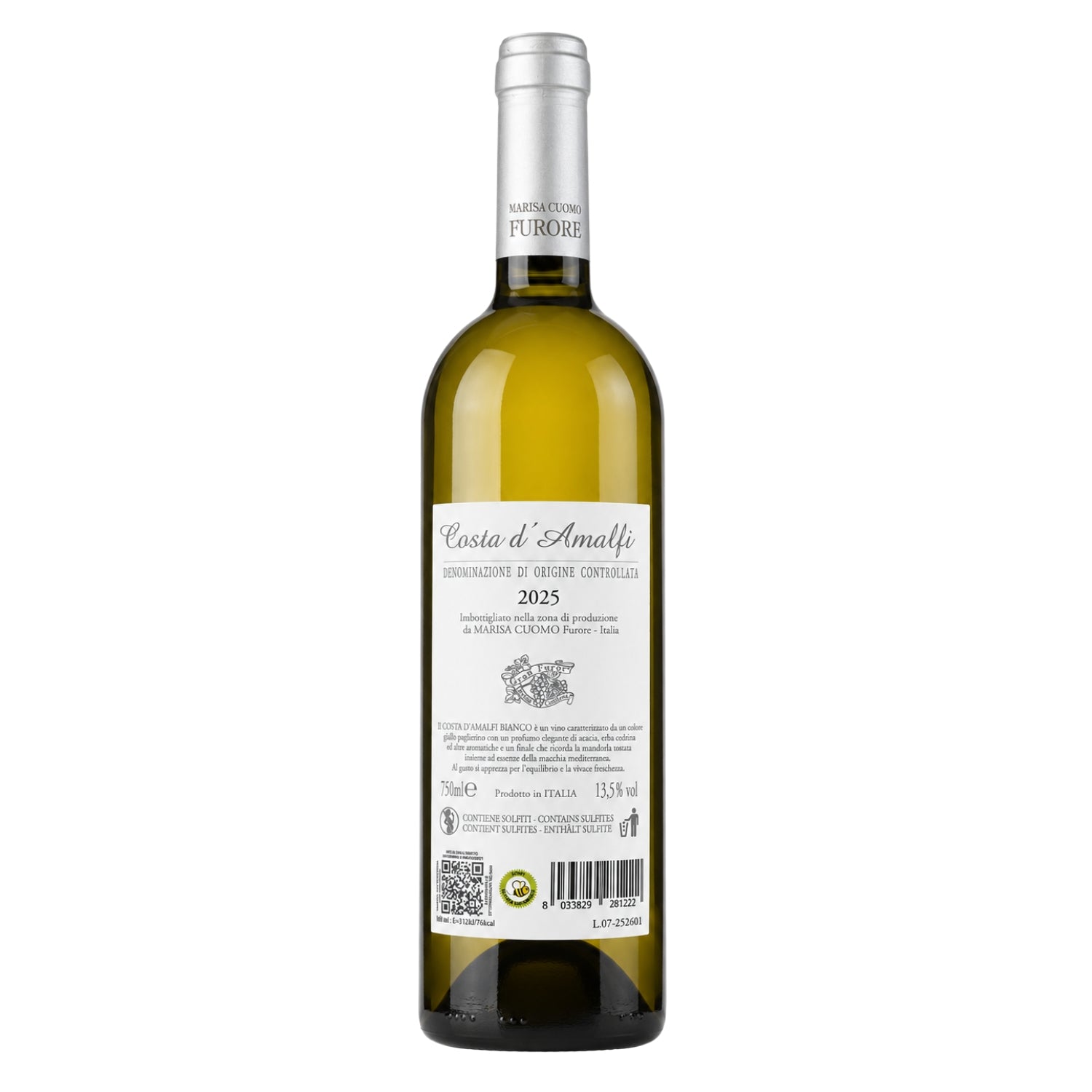 Marisa Cuomo Costa d’Amalfi Bianco DOC 2025 white wine back label from the Amalfi Coast, Italy, available at Fiorvino.