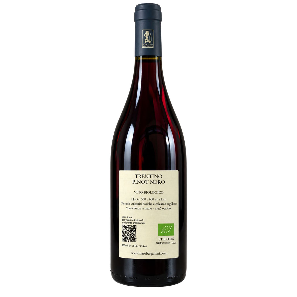 A bottle of Trentino Pinot Nero organic wine, featuring a dark glass bottle with deep red tint, a black capsule, and a cream-colored label with black text and a green organic certification logo.