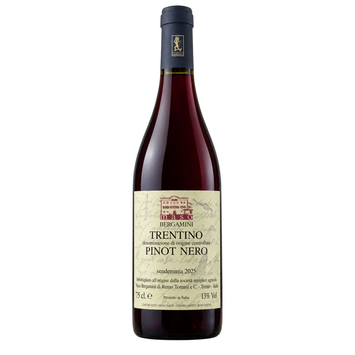 A bottle of Bergamini Trentino Pinot Nero red wine, featuring a dark glass bottle with deep red wine inside, a cream-colored label with red and black text, and a dark gray capsule seal at the top, set against a plain white background.