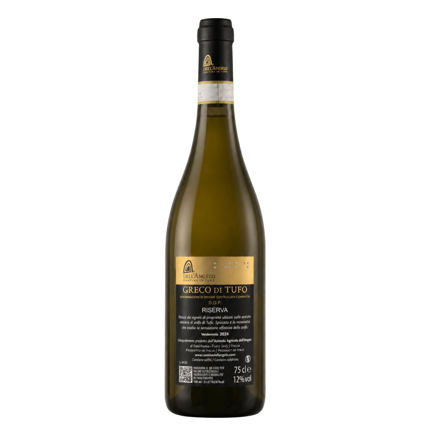 Miniere Greco di Tufo DOCG Riserva 2024 back label by Cantine dell’Angelo, showing vintage, producer information, alcohol content and bottle details, available at Fiorvino.