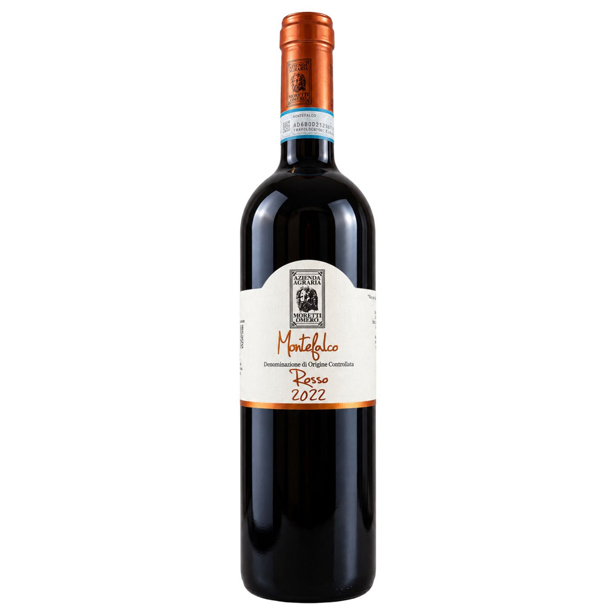 Front view of Moretti Omero Montefalco Rosso DOC 2022 organic red wine bottle from Umbria, Italy, featuring its original cream label and copper-colored capsule on a white background.
