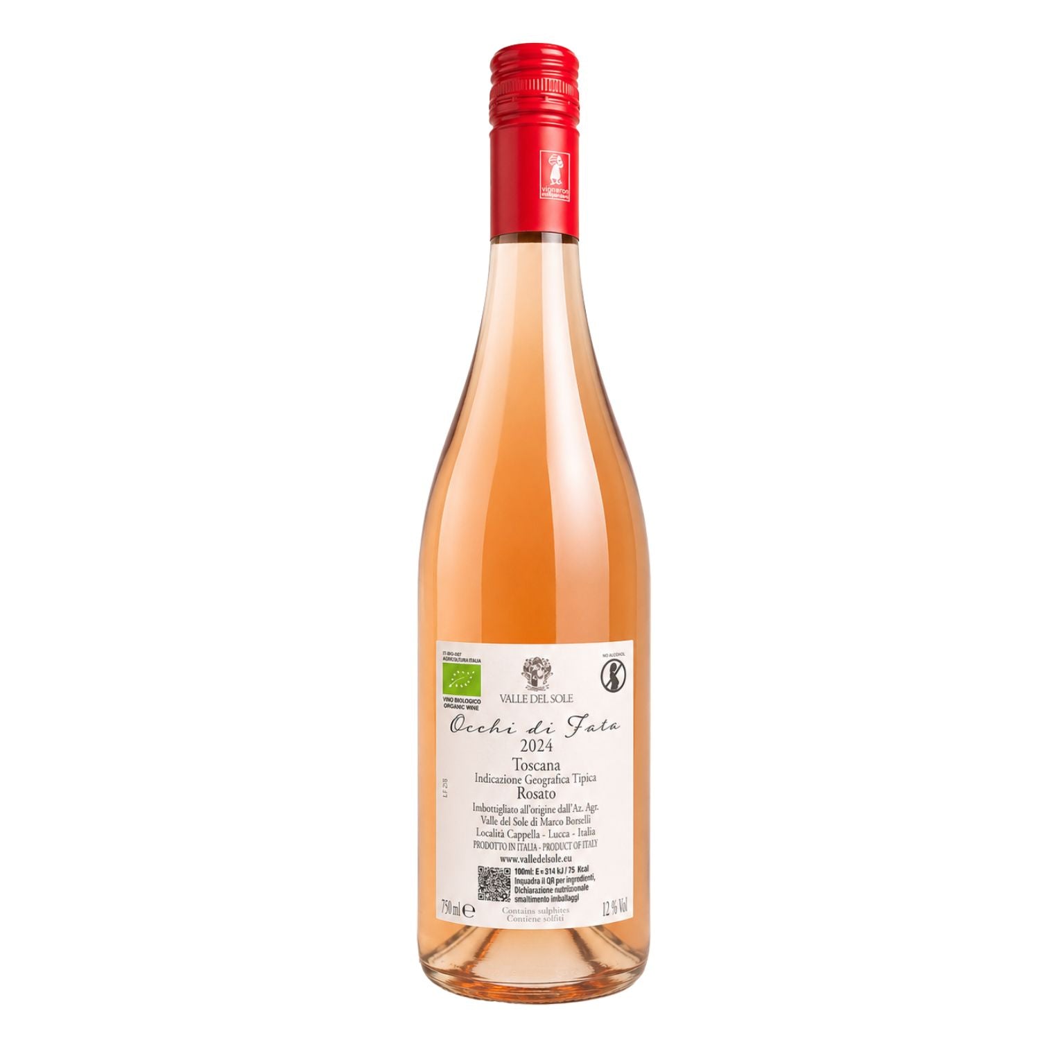 Back label view of Occhi di Fata 2024 Toscana Rosato IGT by Valle del Sole, showing winery information, organic certification, and product details in a professional studio photograph.