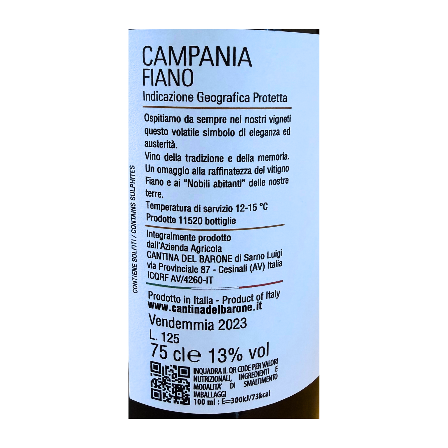 Paòne Campania Fiano Cantina del Barone – 2023 - bottle label