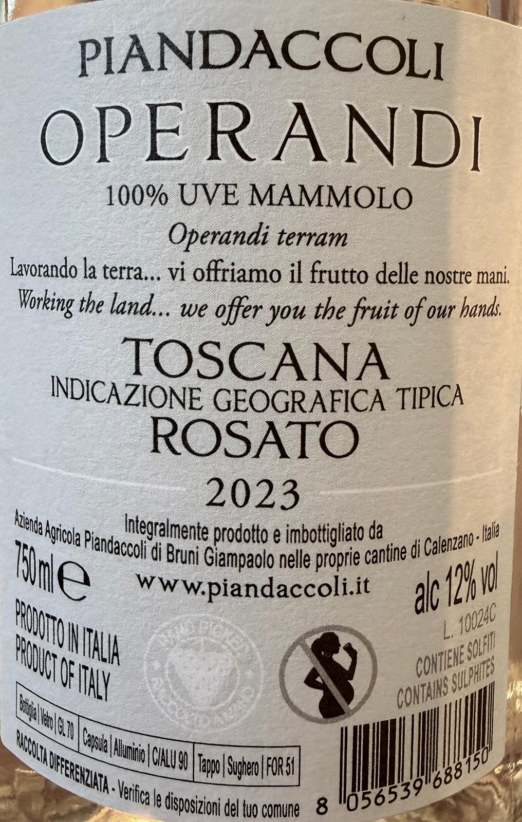 Close-up of the Piandaccoli Operandi 2023 Toscana Rosato wine label, made from 100% Mammolo grapes.