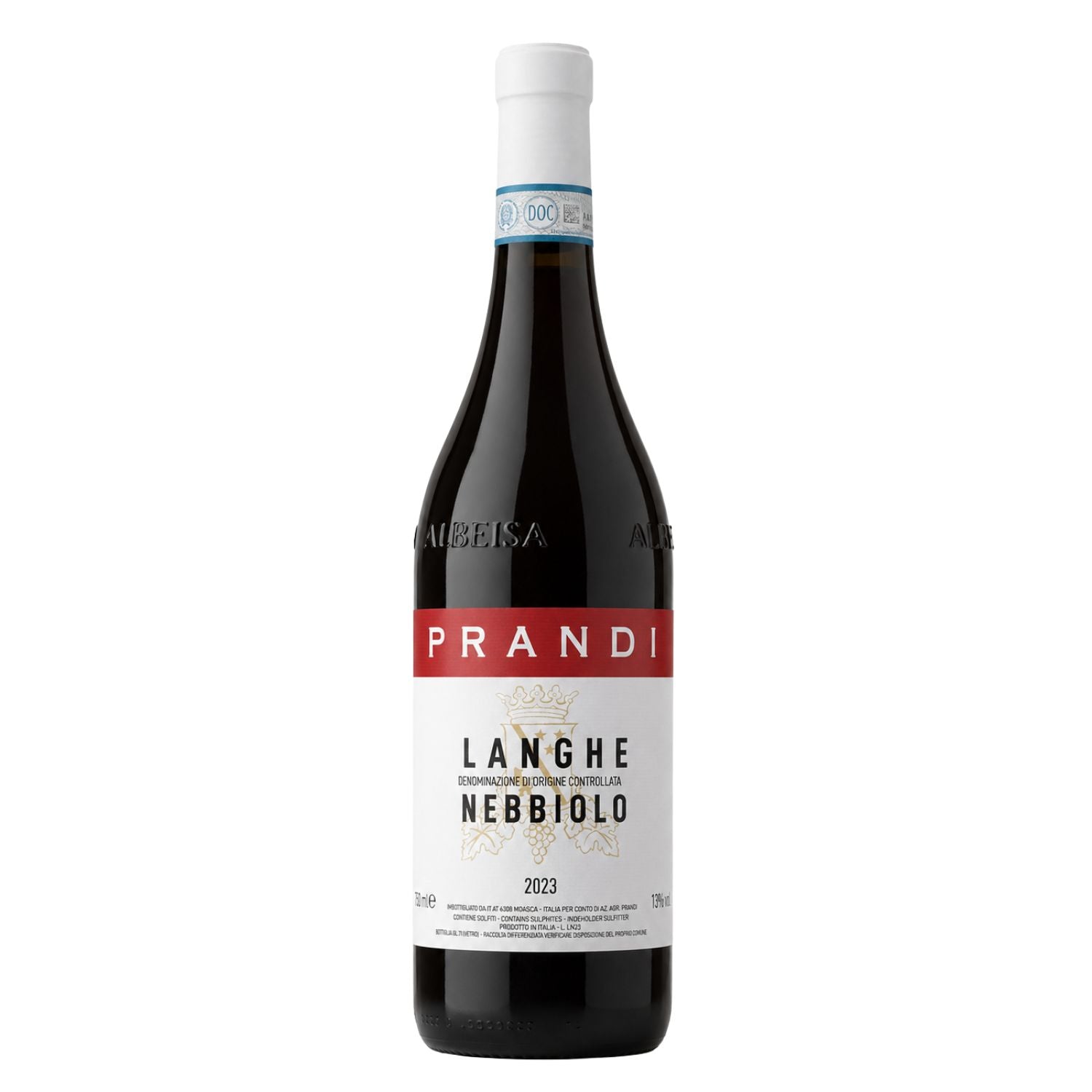 Prandi Langhe Nebbiolo DOC 2023 red wine bottle with original front label, classic Nebbiolo from Piedmont, available at Fiorvino.