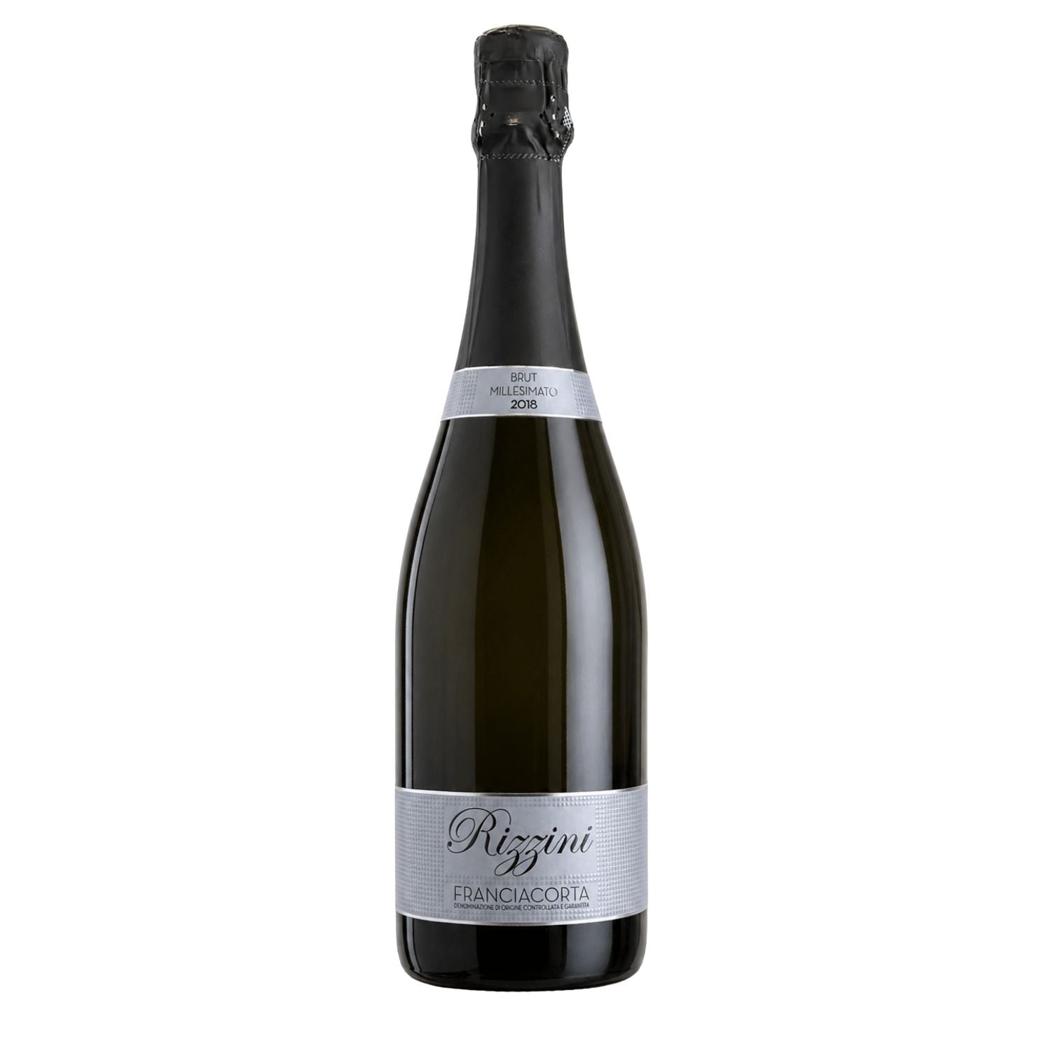 Rizzini Franciacorta Brut Millesimato 2018 sparkling white wine bottle with original front label and black foil, available at Fiorvino.