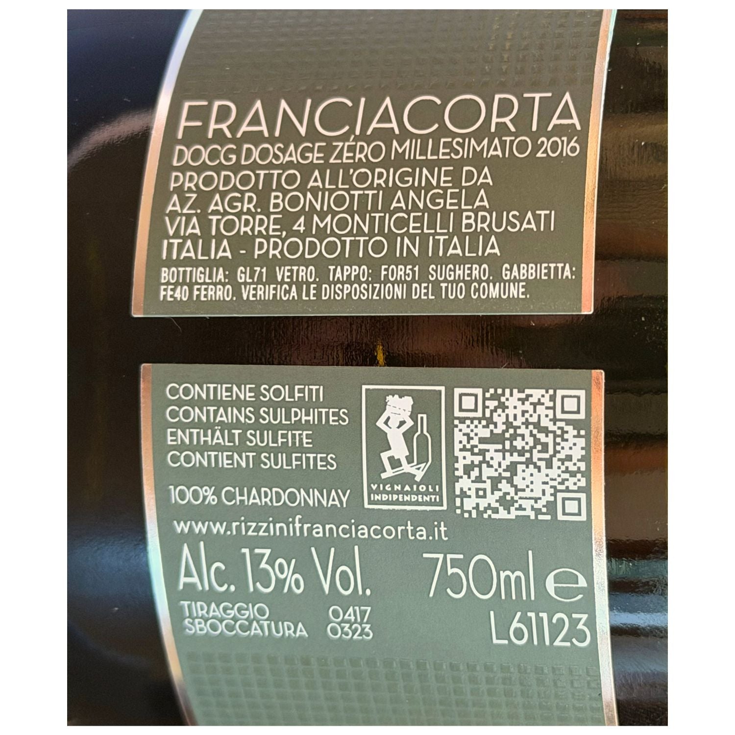 Rizzini Franciacorta Dosaggio Zero Millesimato 2016 sparkling white wine original back label.