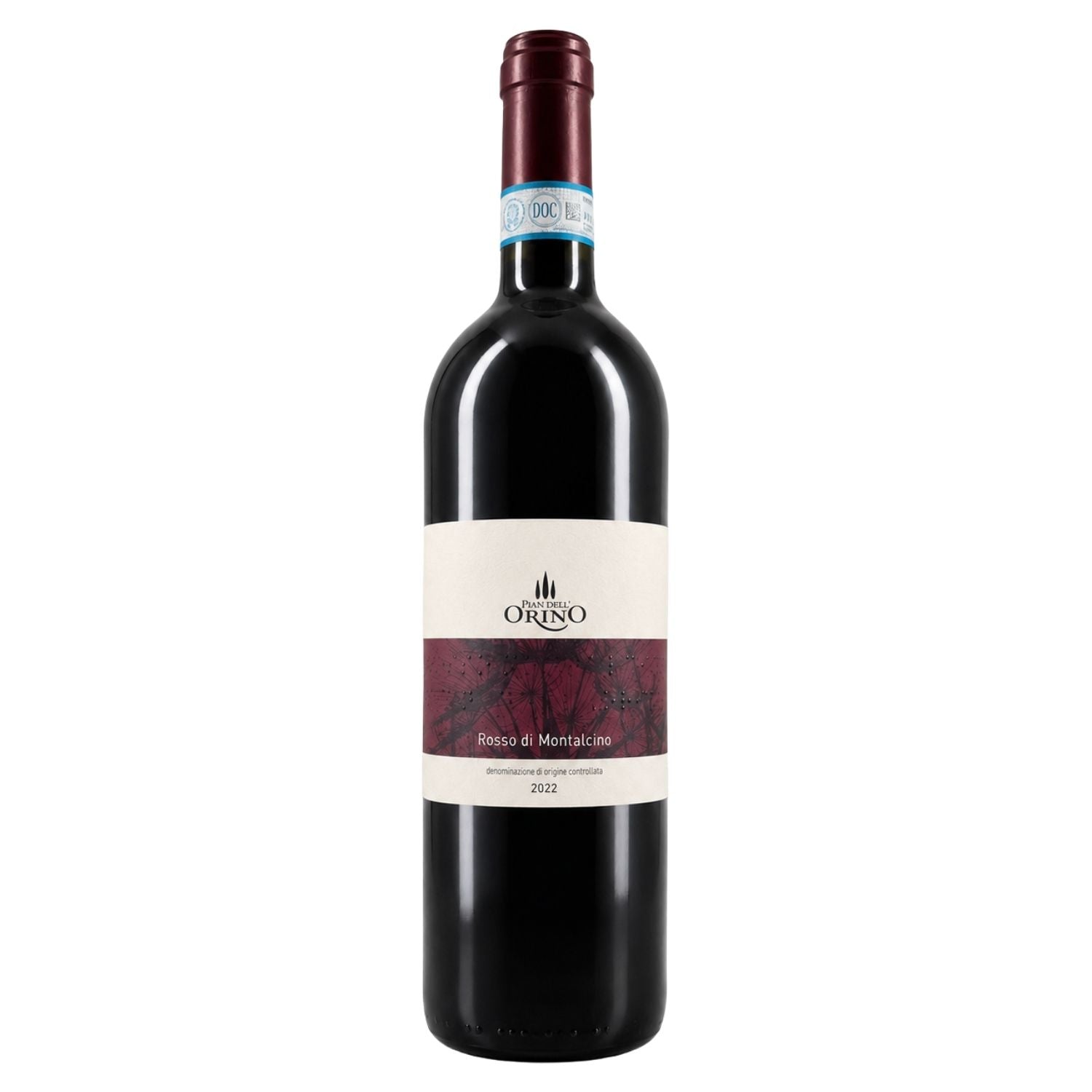 A bottle of Orino rosso di Montalcino red wine, featuring a dark glass bottle with a cream label, and a dark red foil capsule at the neck, set against a plain white background.