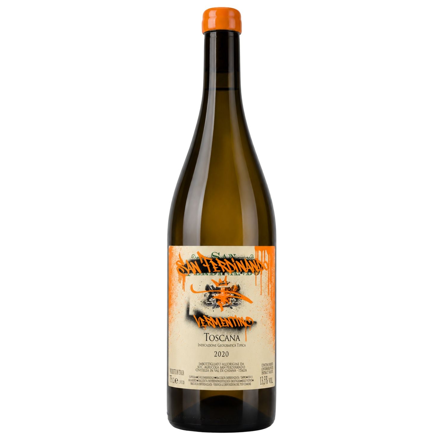 San Ferdinando Vermentino Edizione Limitata Toscana IGT 2020 white wine bottle with original graffiti-style label and orange wax cap, available at Fiorvino.