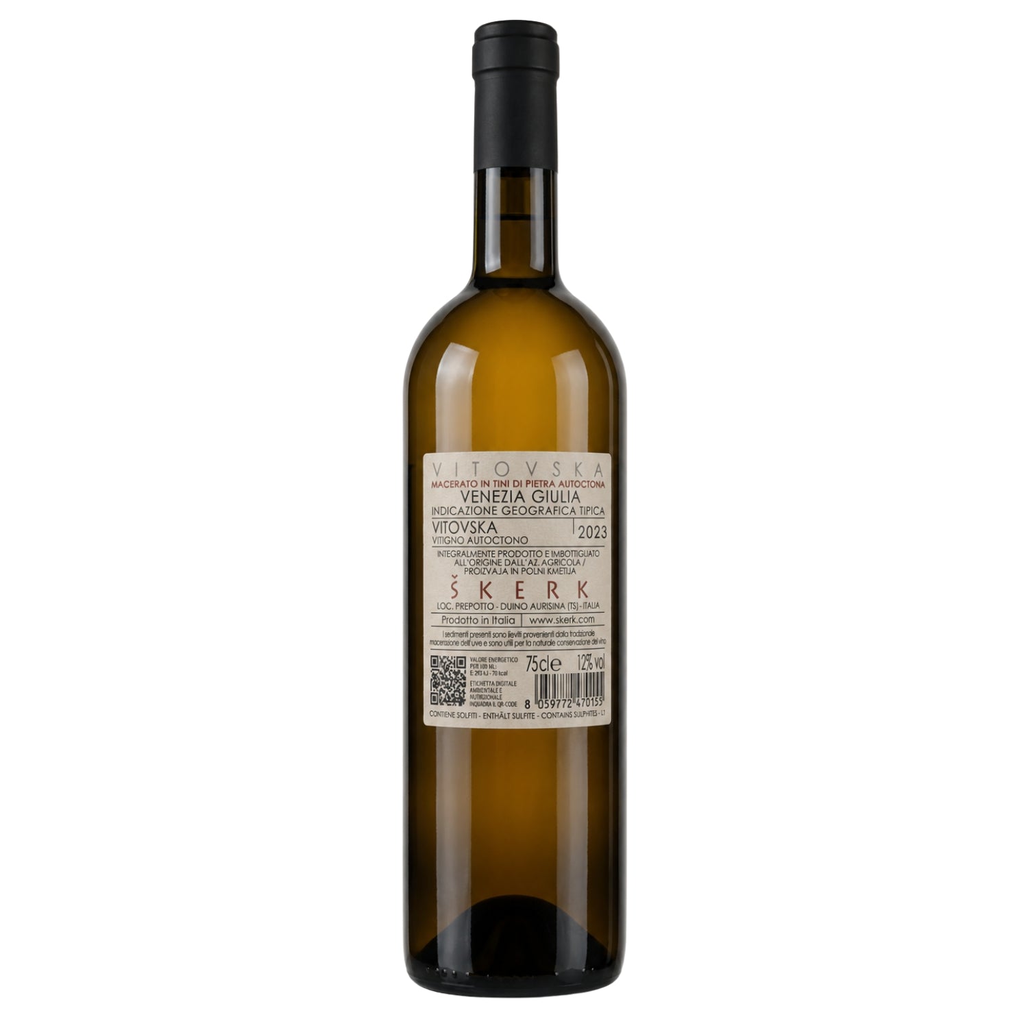 Back label of Skerk Vitovska 2023 Venezia Giulia IGT white wine, showing producer details, native Vitovska grape information and bottle specifications.