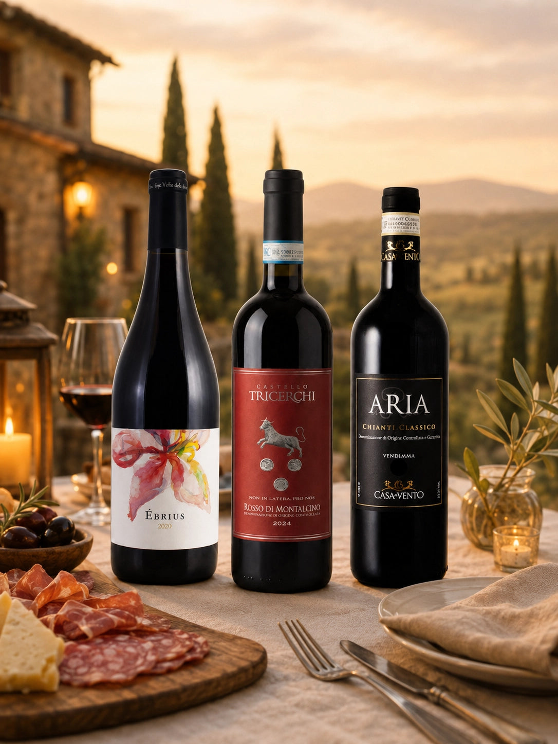 Three Tuscan red wine bottles from Fiorvino’s Tuscan Dinner Box on an elegant outdoor dinner table with salumi, cheese, candlelight, and a Tuscan countryside backdrop at sunset.