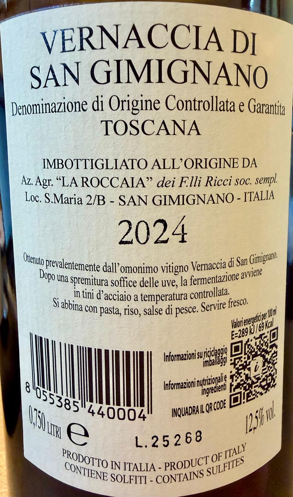 Close-up of a wine label reading VERNACCIA DI SAN GIMIGNANO, with Italian text, the year 2024, a barcode, and a QR code on a dark bottle background.