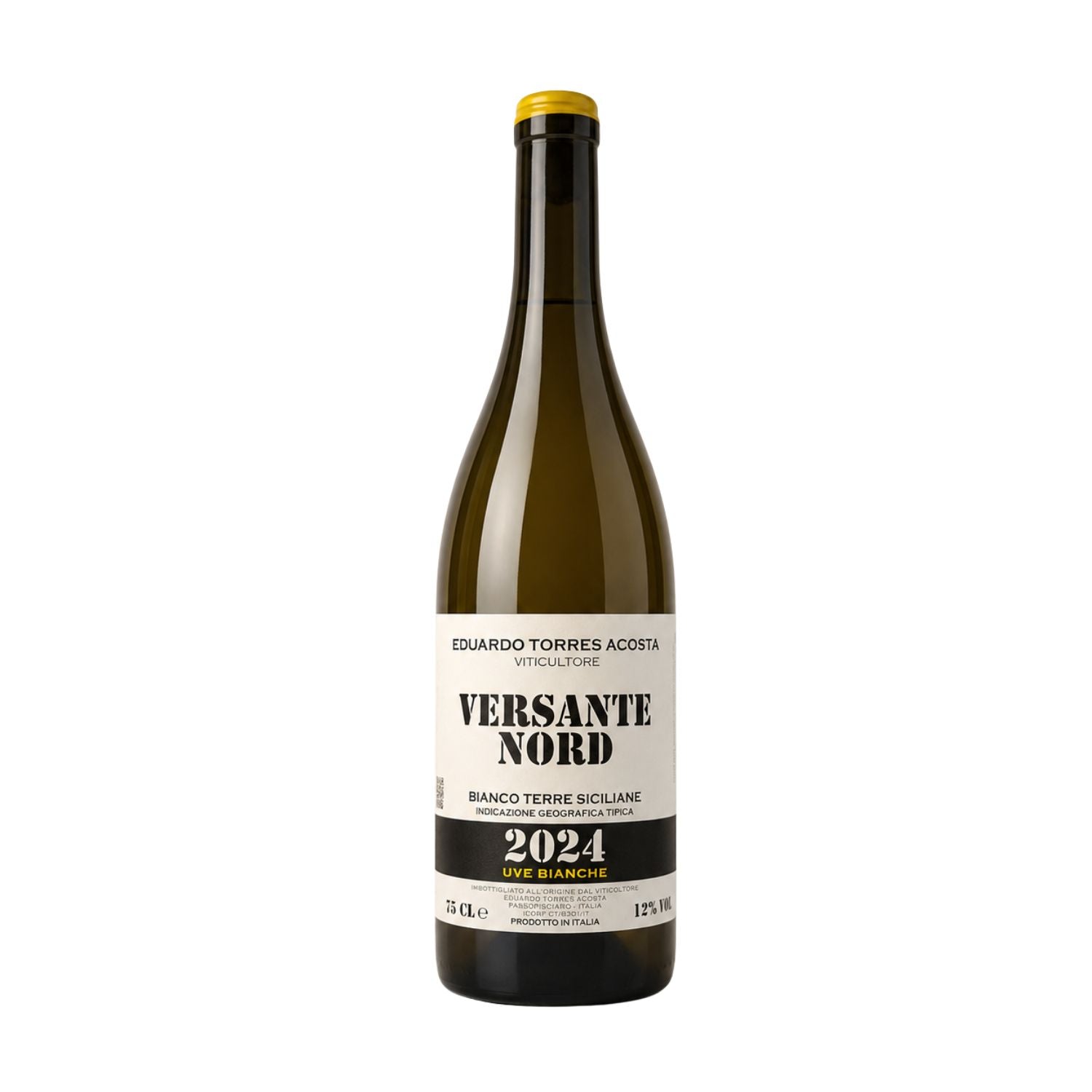 Front bottle photo of Versante Nord Bianco 2024 by Eduardo Torres Acosta, a Sicilian Etna white wine made from Minnella and native grapes, with a white label and yellow capsule on a clean studio background.