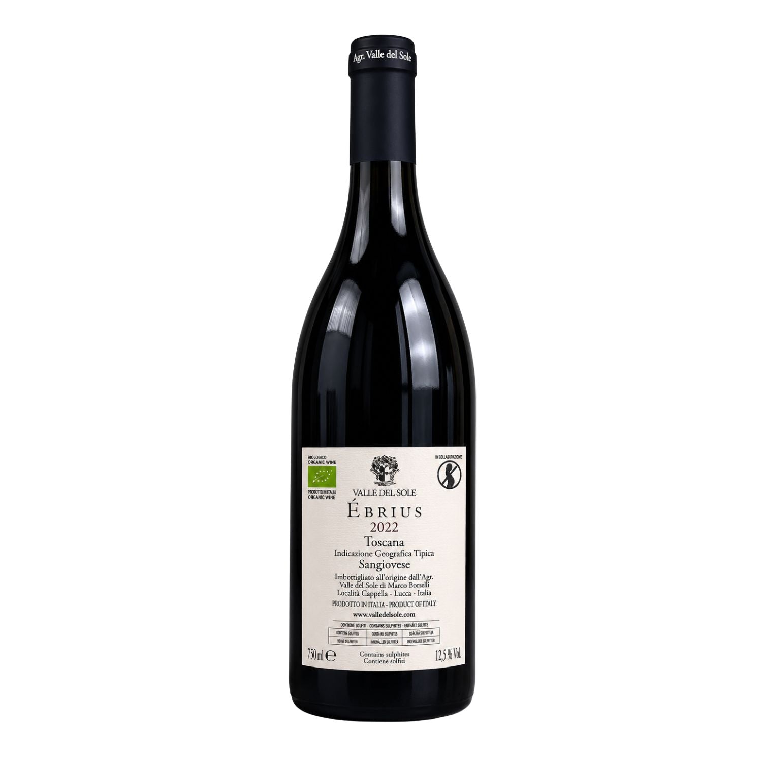 Back label view of Ébrius 2022 Toscana IGT Sangiovese organic red wine by Valle del Sole, showing wine information, organic certification, producer details, and bottle specifications in a professional studio setting.