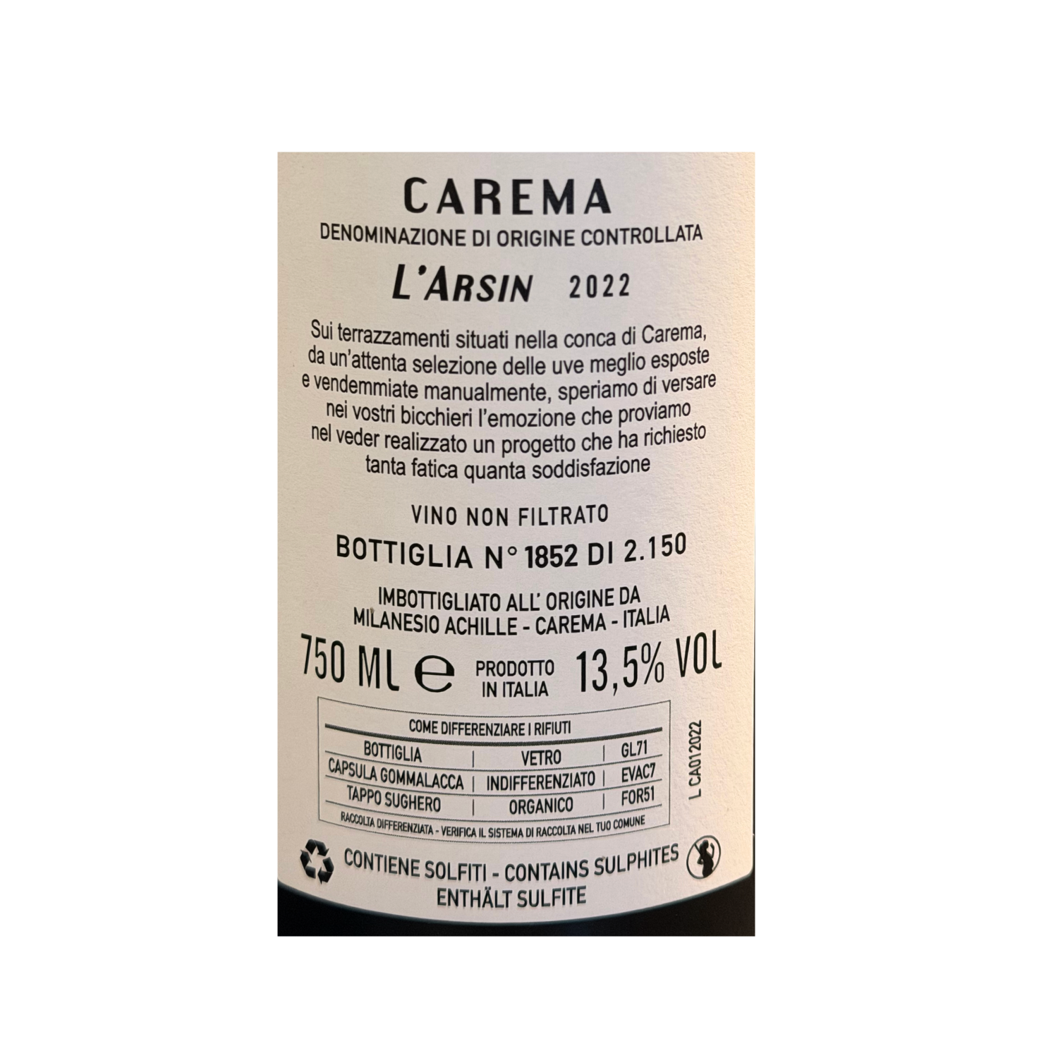 Carema L’Arsin – Cantina Togliana 2022 - Label